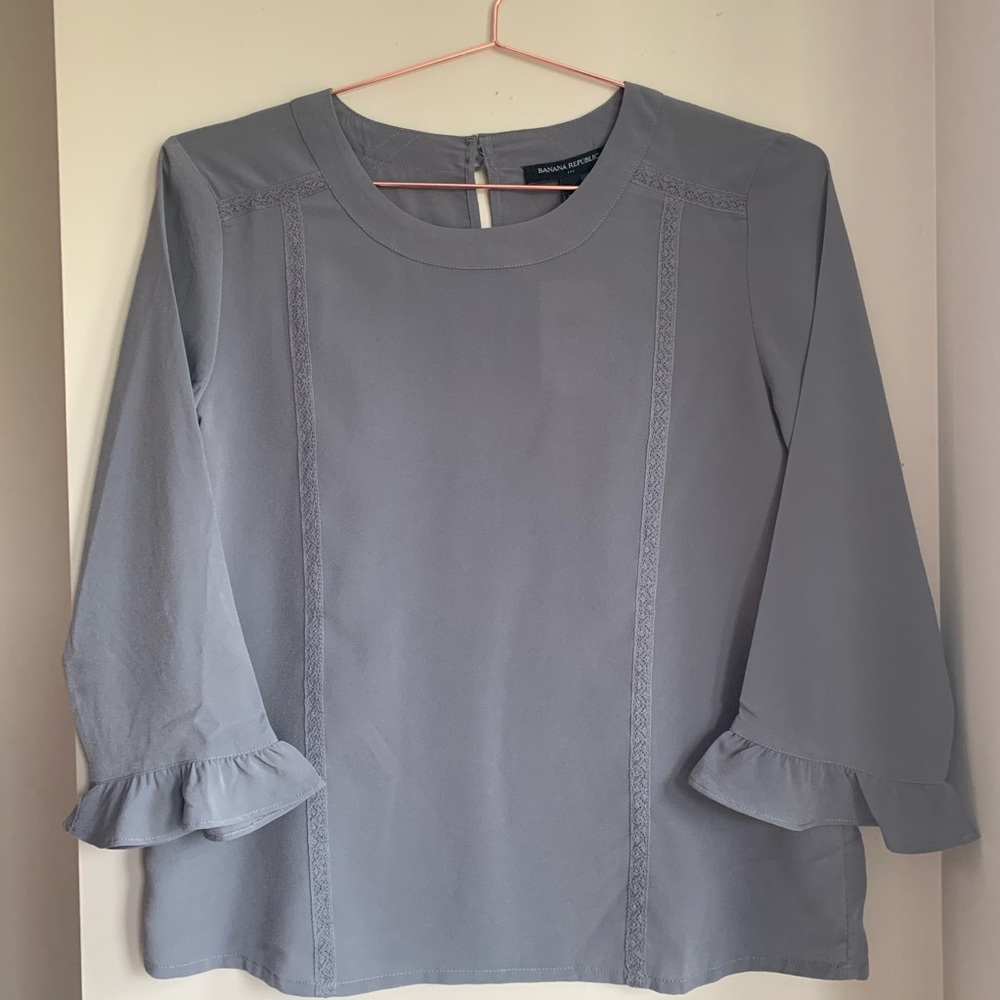 3/4 Blouse with Crochet Trim and Ruffle Sleeve